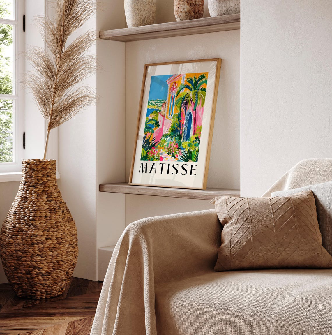 Matisse Style Pink Tropical Coastal Villa Palm Sea View Poster - Image 2