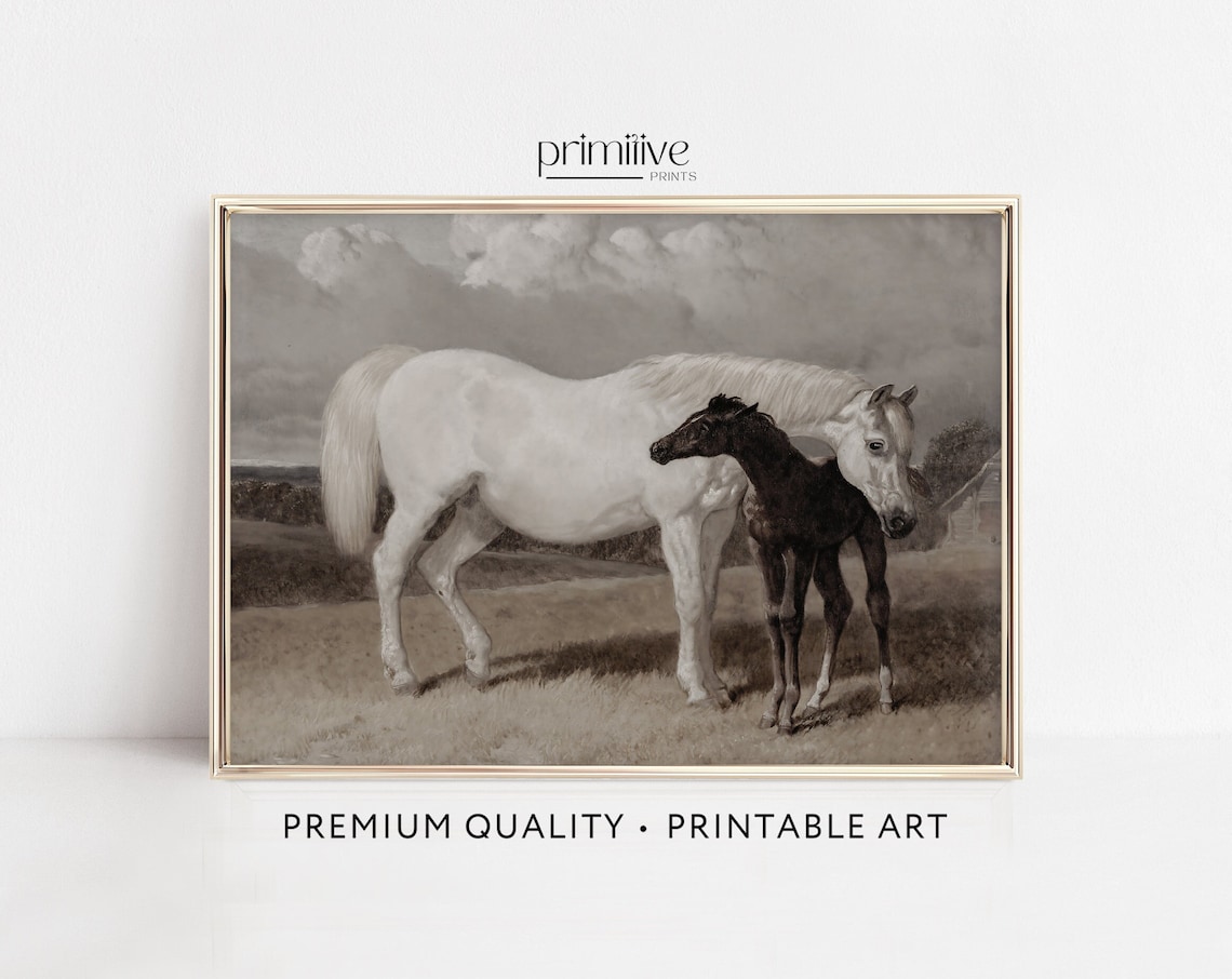 White Mare Dark Foal Equestrian Sepia Painting Animal Poster