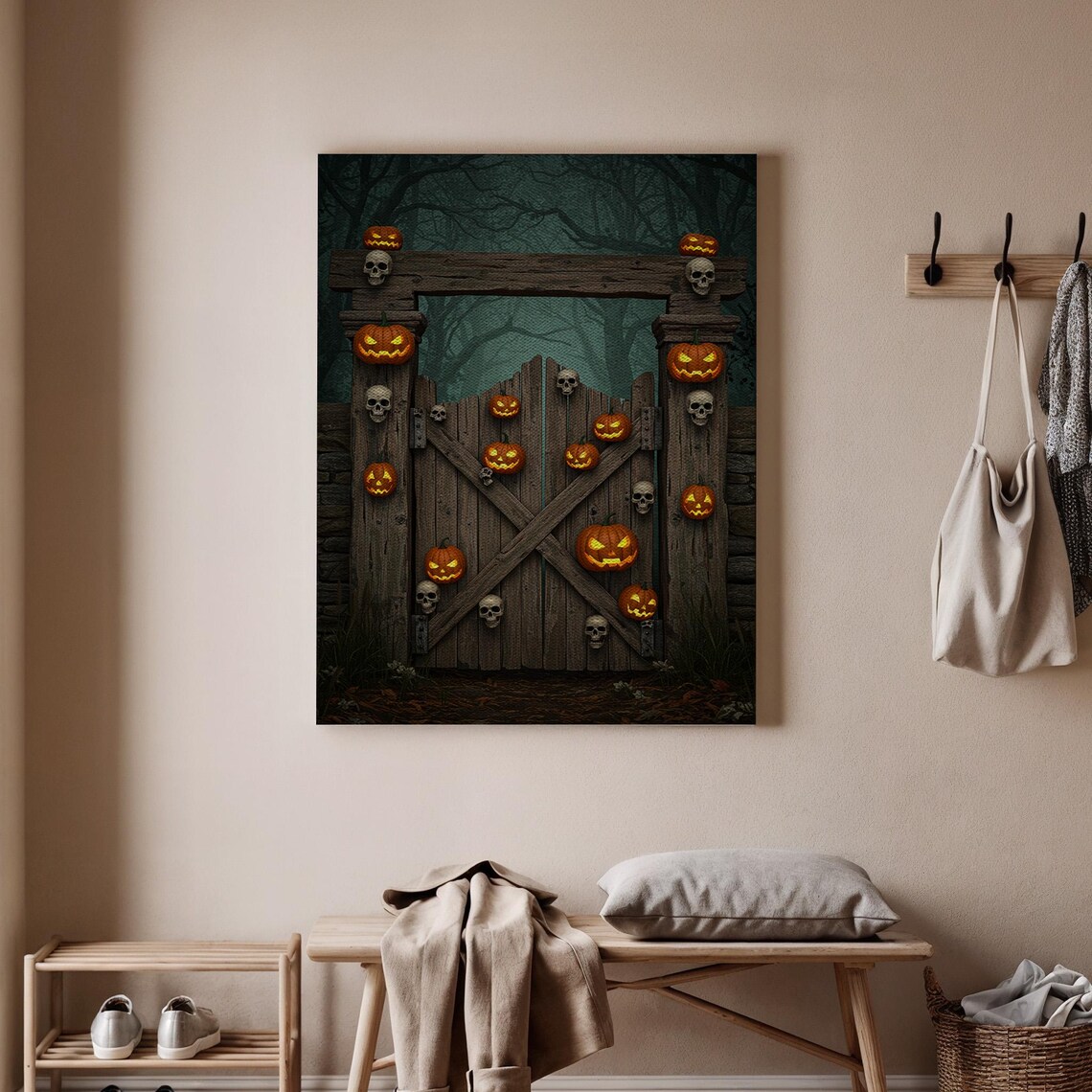Haunted Pumpkin Gate Canvas Art Halloween Jackolanterns And Skulls Spooky Gothic Fence Wall Decor Creepy Autumn Night Print