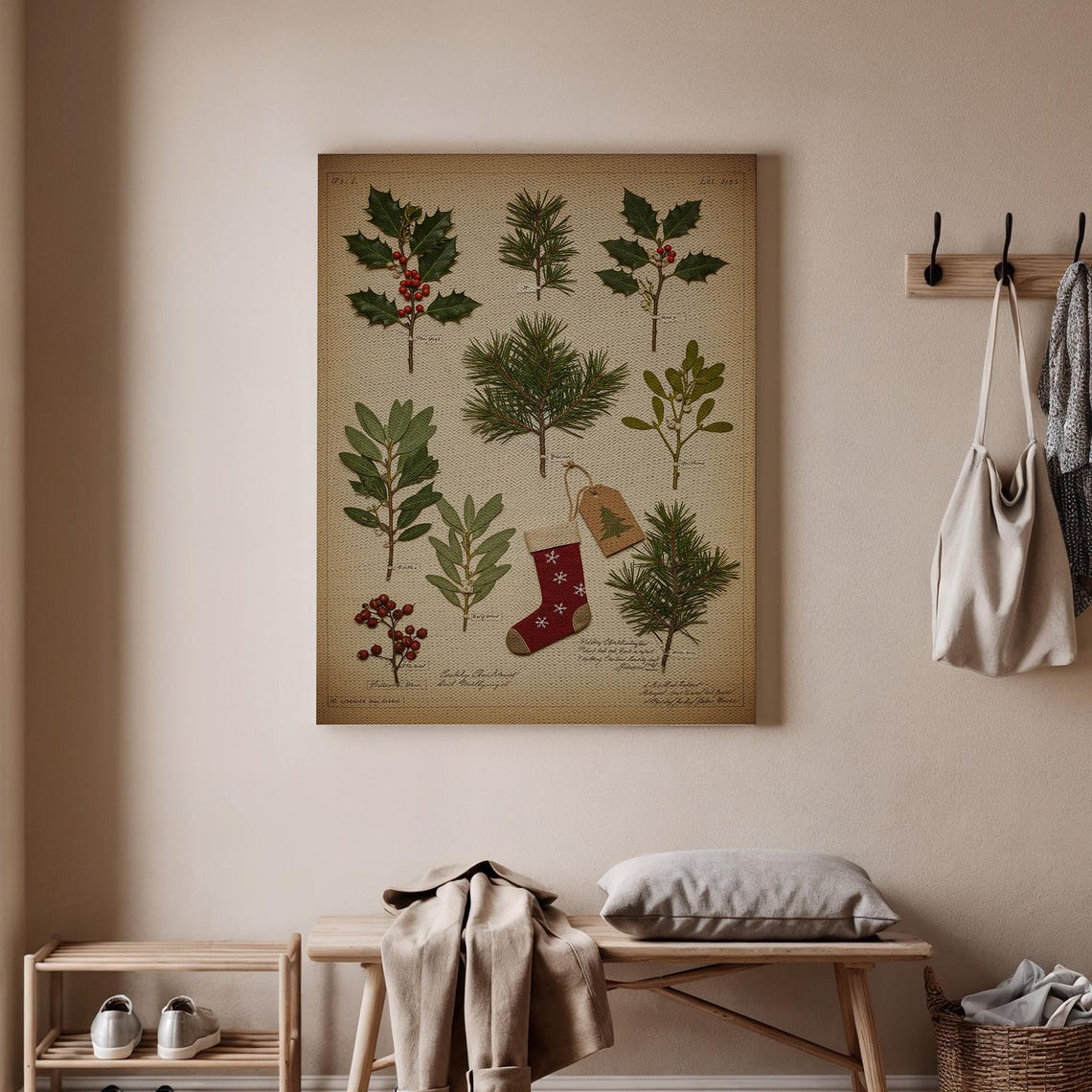 Christmas Botanical Chart Holly Pine Vintage Herbarium Poster