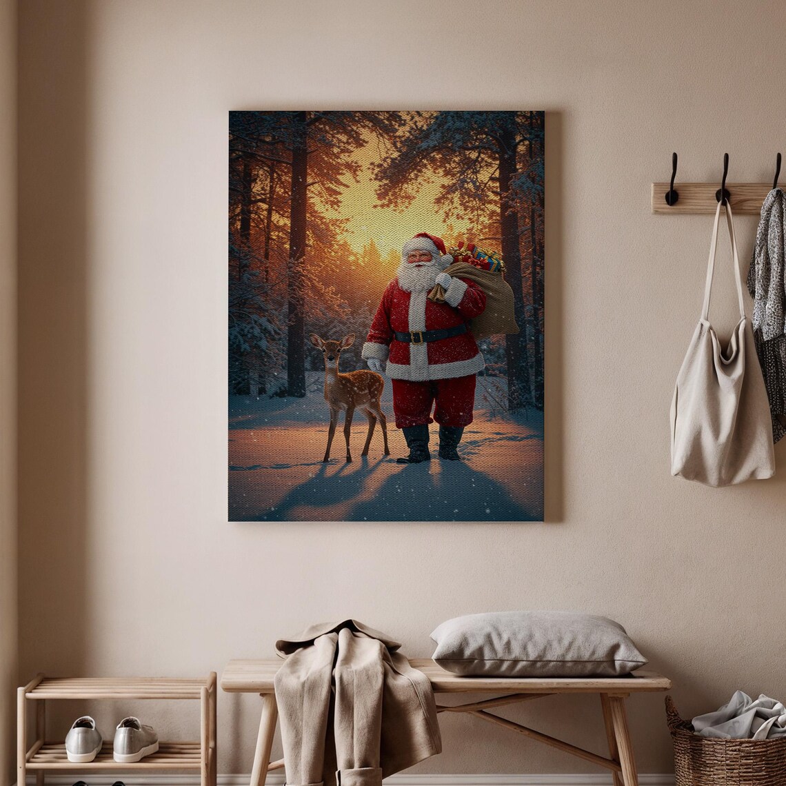 Santa Claus Snowy Forest Fawn Gift Sack Vintage Christmas Art Poster