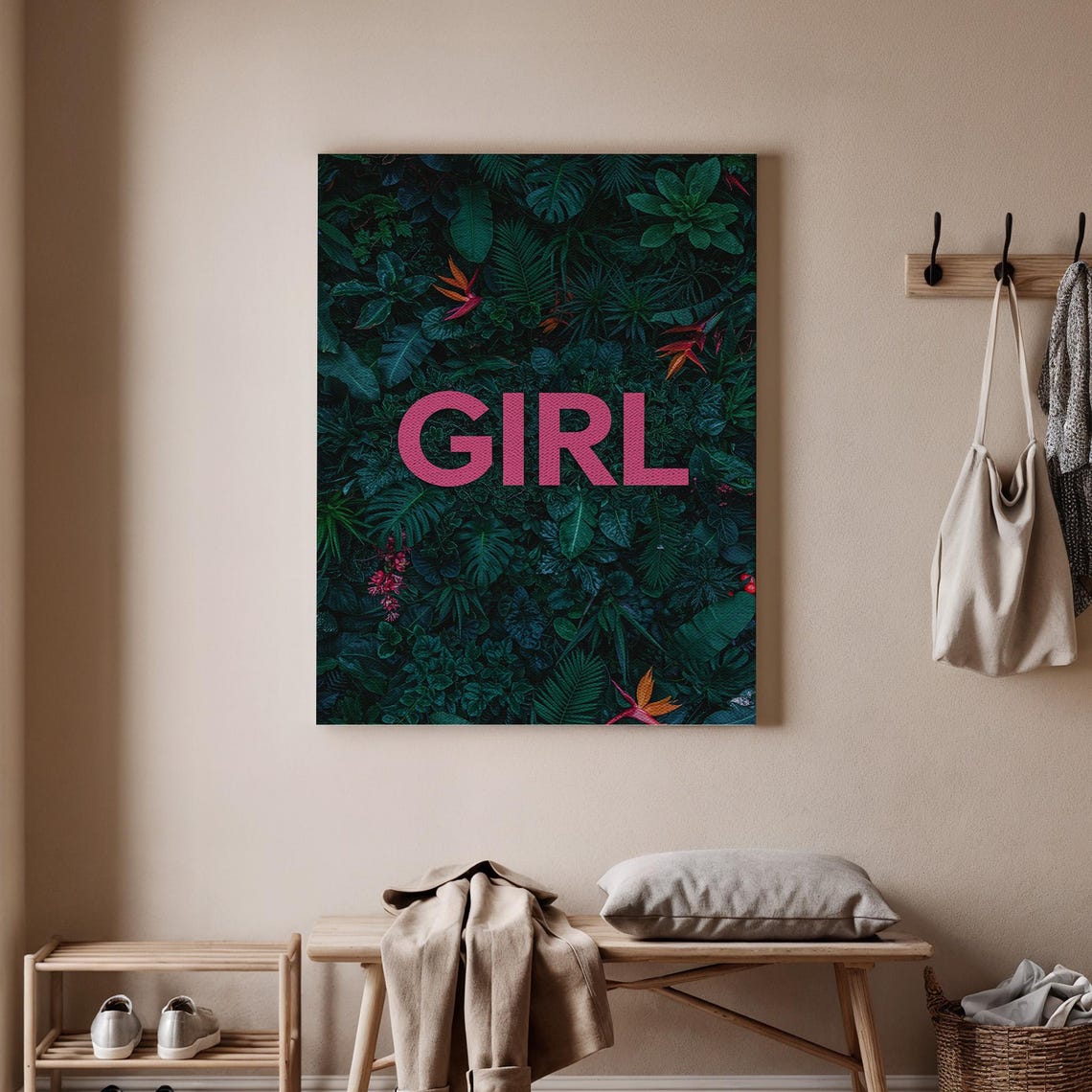 Bold Pink GIRL Text Over Dark Tropical Jungle Leaves Modern Poster