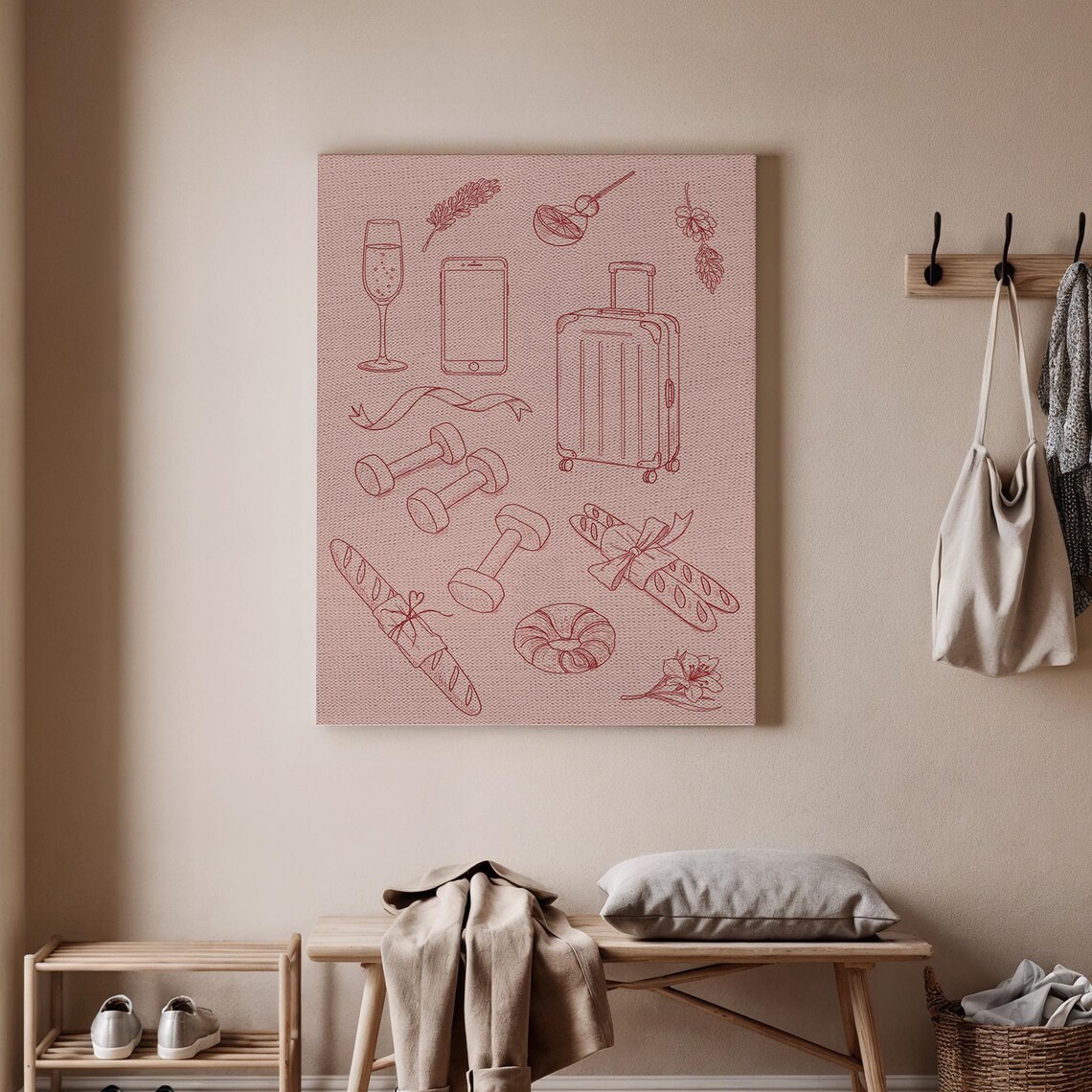 Pink Line Art Doodles Travel Fitness Food Icons Minimalist Fun Poster