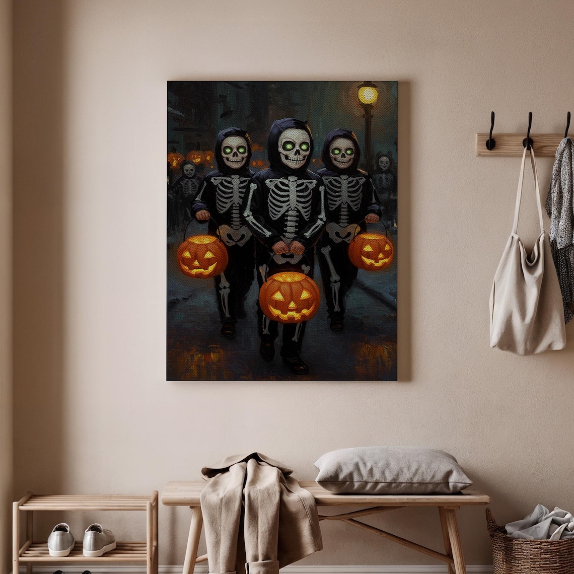 Halloween Skeleton Kids Trick Or Treat Pumpkins Night Poster