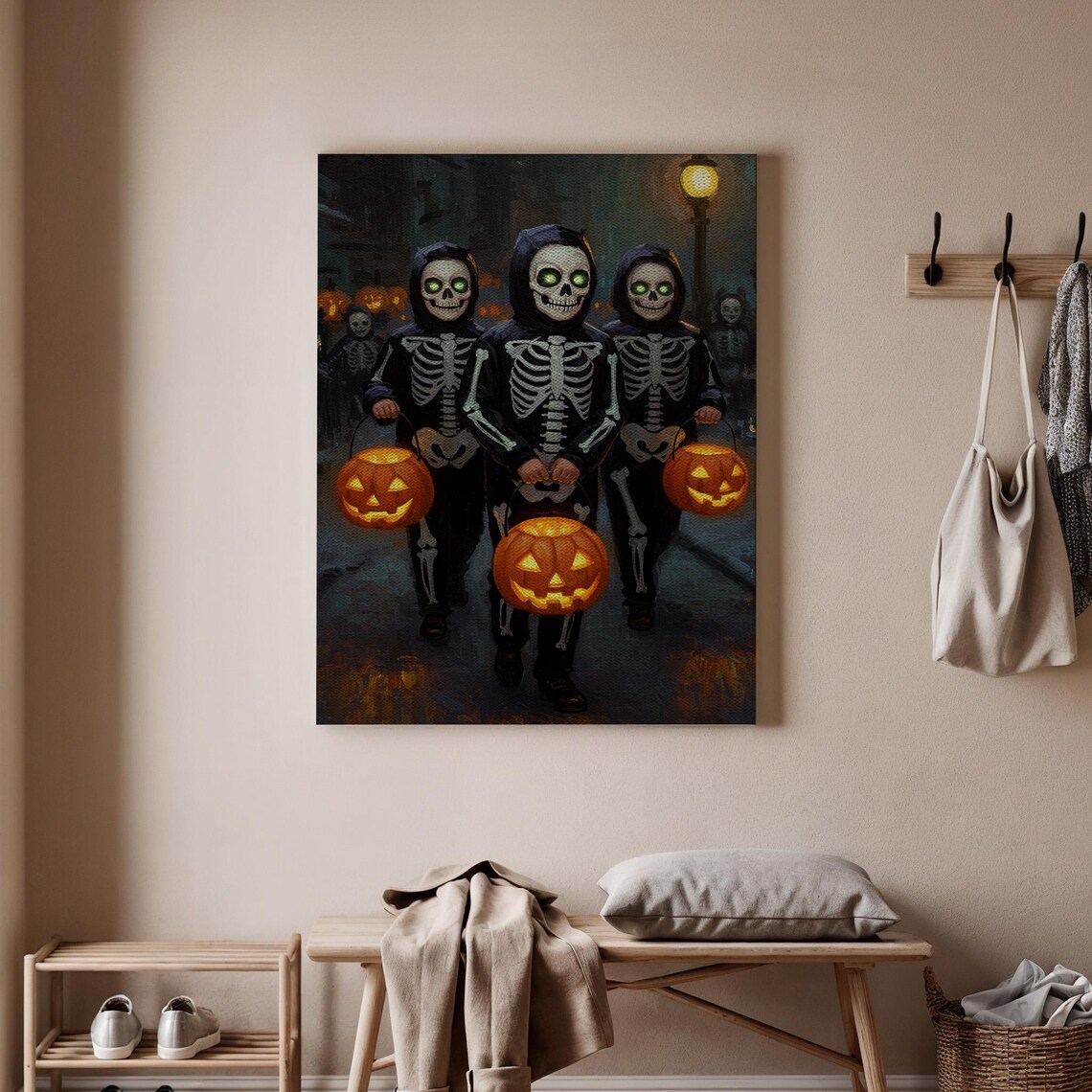 Skeleton Kids Halloween Canvas Wall Art Trick Or Treat Decor Spooky Skeletons With Jackolanterns Night For Home