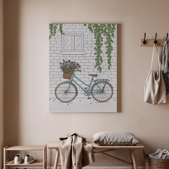 Vintage Bicycle With Flower Basket Against Ivy Covered Brick Wall Charming Print