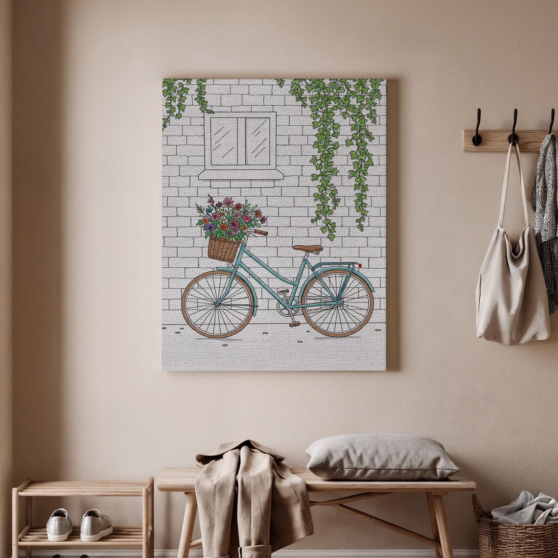 Vintage Bicycle With Flower Basket Against Ivy Covered Brick Wall Charming Print