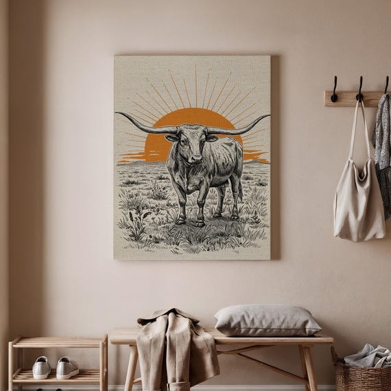 Longhorn Sunset Canvas Wall Art Western Ranch Print Cowboy Country Poster Rustic Farmhouse Decor Animal And Home