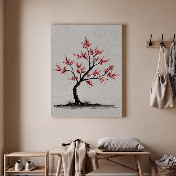 Cherry Blossom Tree Art Print Minimalist Nature Wall Decor Asian Inspired Canvas Elegant Red Flower Poster Zen Botanical Artwork