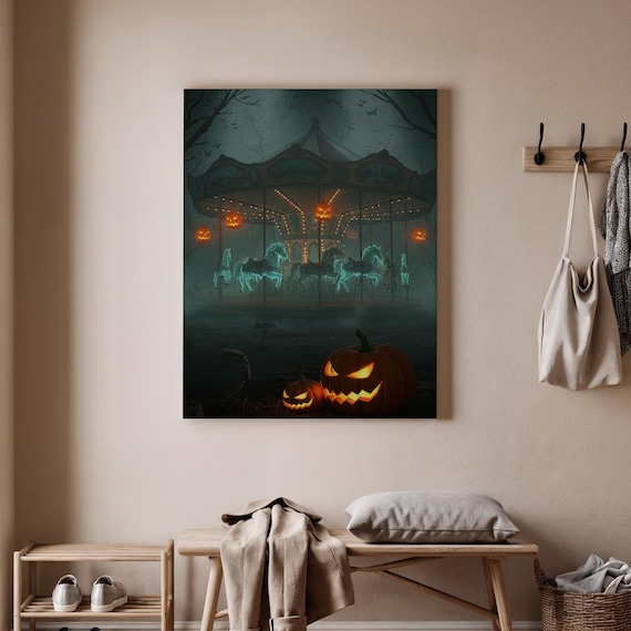 Haunted Halloween Carousel Canvas Wall Art Spooky Horses And Glowing Pumpkins Ride Print For Home Decor