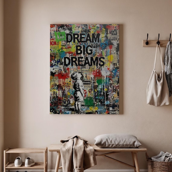 Framed Street Art Canvas Print Dream Big Dreams Graffiti Wall Urban Pop Decor For Modern Living Room Office Or Studio