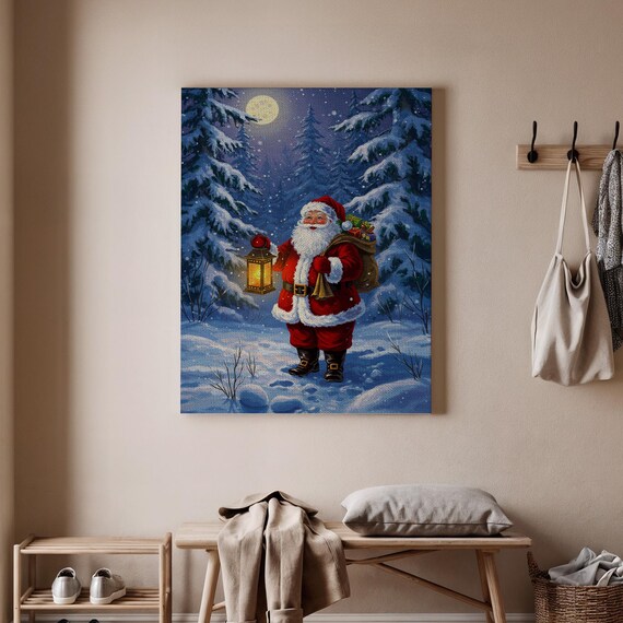 Santa Claus Lantern Winter Forest Snowy Night Christmas Poster