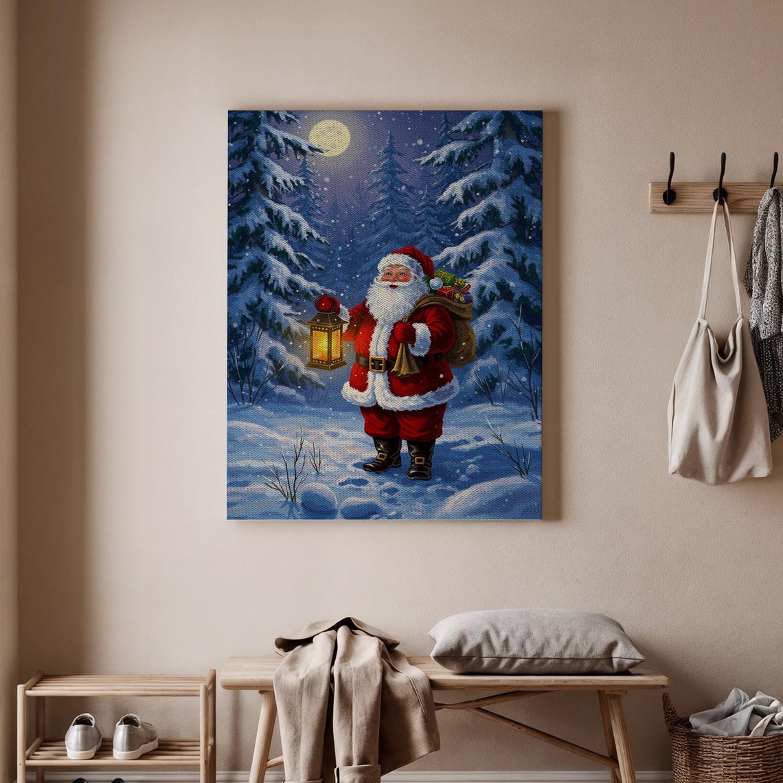 Santa Claus Lantern Winter Forest Snowy Night Christmas Poster