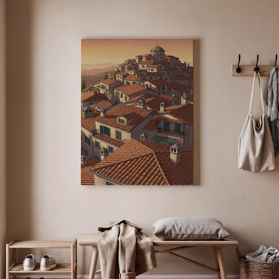 Italian Village Canvas Wall Art Mediterranean Cityscape Print Rustic Rooftop Painting Tuscan Sunset Poster European Home Decor