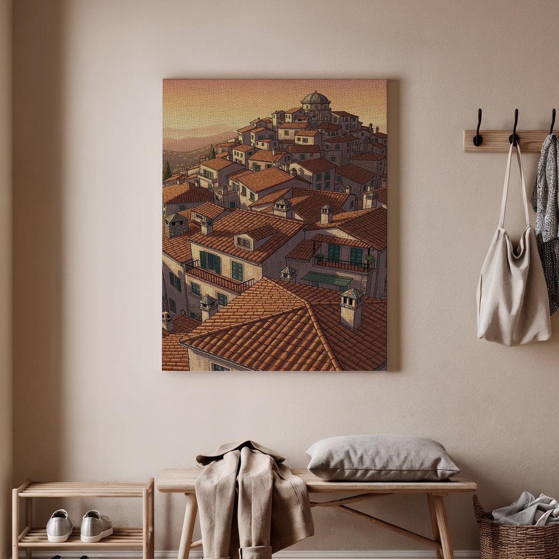 Italian Hilltop Village at Sunset Terracotta Rooftops Poster