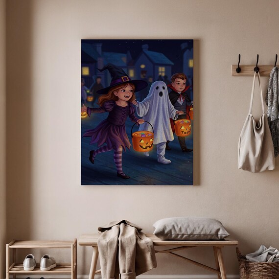 Trickortreat Kids Halloween Canvas Wall Art Witch And Children Spooky Costume Fun Night Decor For Home