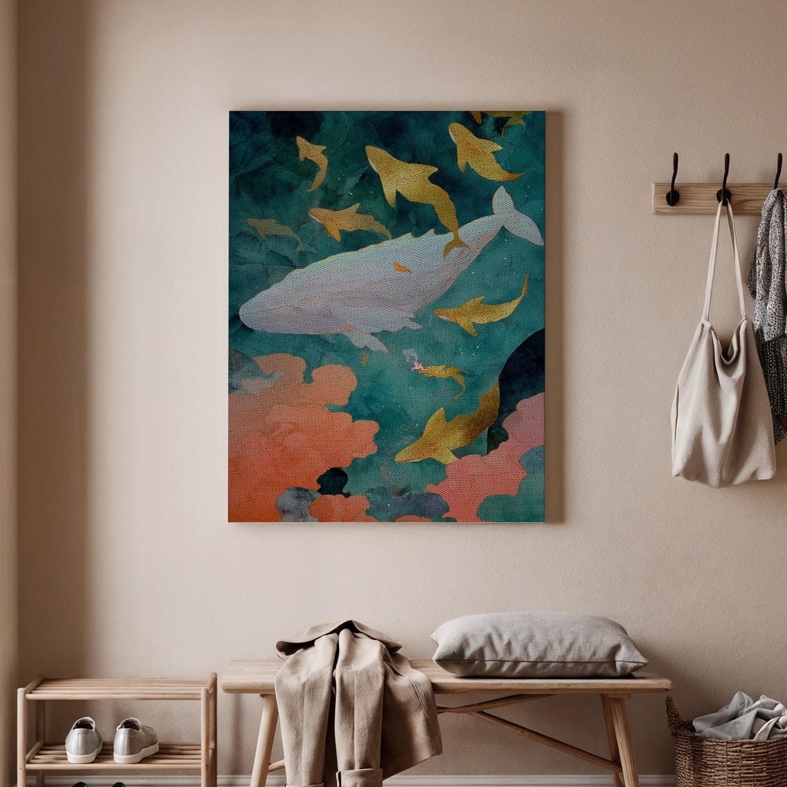 White Whale And Golden Fish Ocean Underwater Watercolor Poster