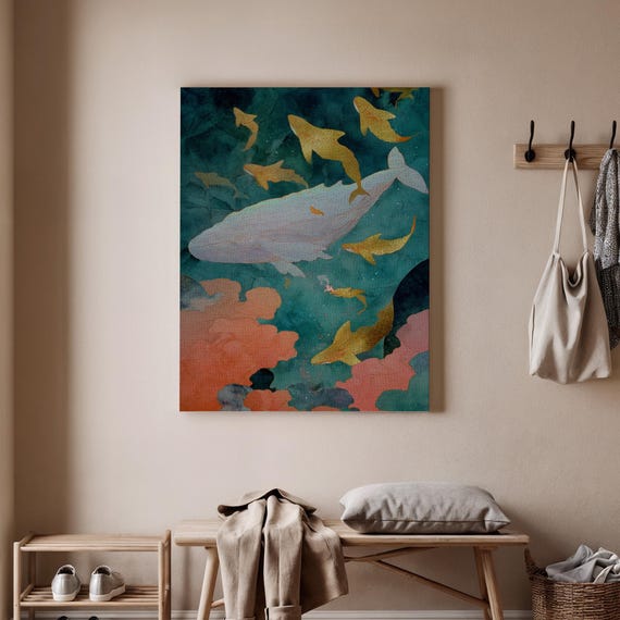 Whale And Sharks Canvas Art Ocean Scene Wall Decor Sea Creatures Print Nature Inspired Artwork For Living Room Or Bedroom