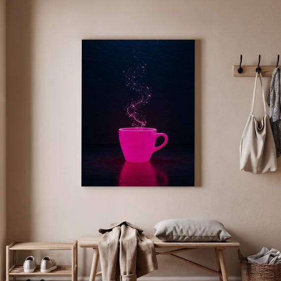 Neon Coffee Mug Art Print Modern Kitchen Wall Decor Pink Cup Canvas Poster Minimal Bar Artwork Contemporary Cafe Style