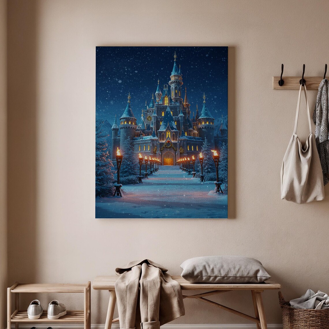 Magical Winter Fairy Tale Castle Snowy Night Torchlit Art Poster