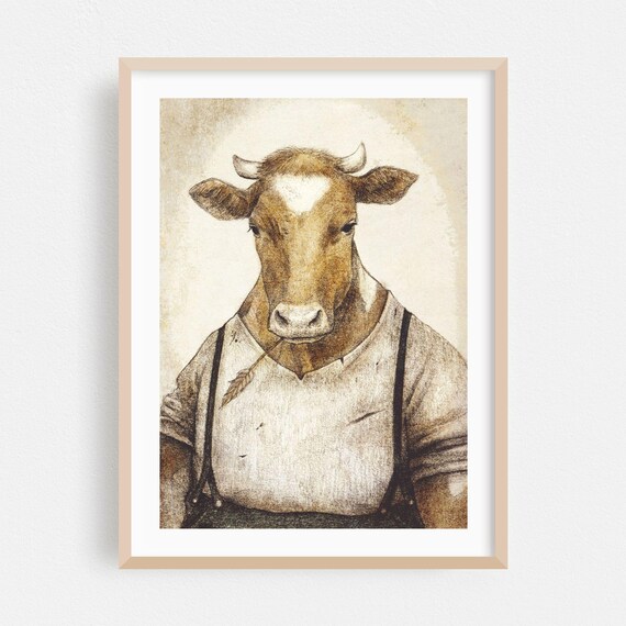 Whimsical Cow Farmer Rustic Vintage Farmhouse Kitchen Art Poster