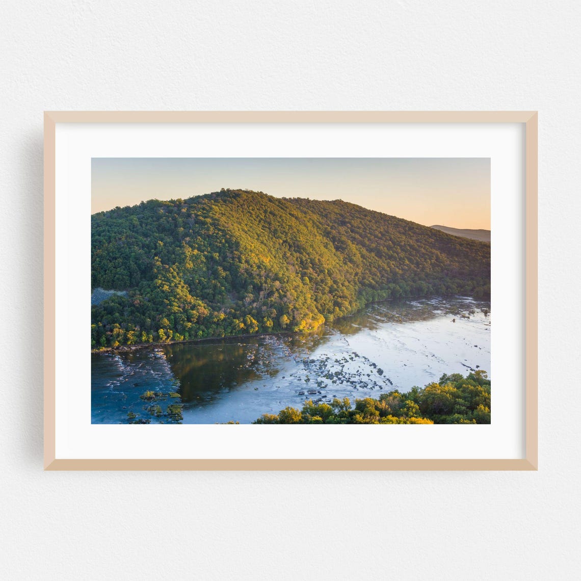 Aerial View Of Forested Mountain And Wide River At Sunset Poster