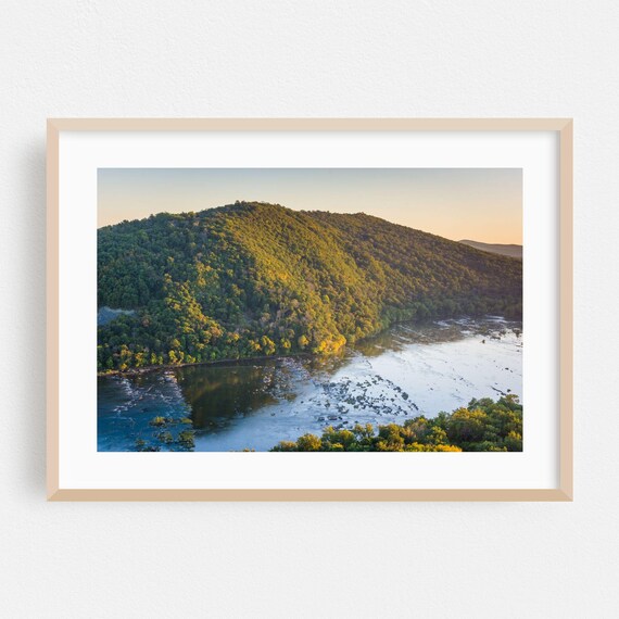 Aerial View Of Forested Mountain And Wide River At Sunset Poster