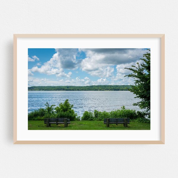 Serene Lakeside Benches on a Summer Day Nature Photography Poster