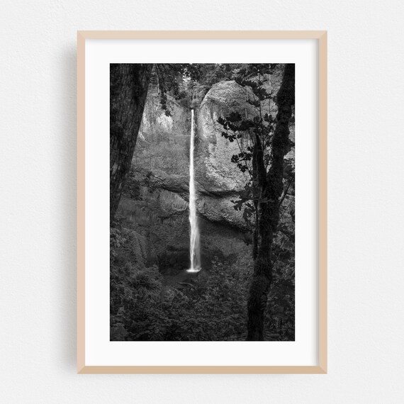 Black And White Oregon Waterfall Nature Photography Poster With Tall Cascade