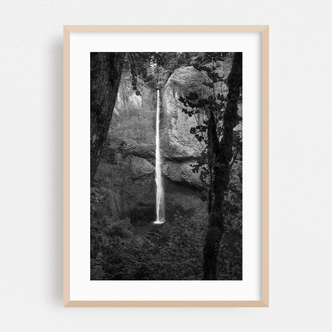 Black And White Oregon Waterfall Nature Photography Poster With Tall Cascade