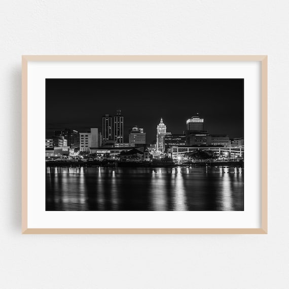 Peoria Illinois Skyline at Night Black and White City Photography Poster