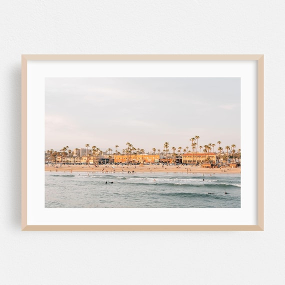 Newport Beach Sunset Palm Trees Surf Coastal Scene Photo Poster