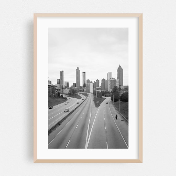 Atlanta Downtown Skyline From The Freeway In Black And White Poster