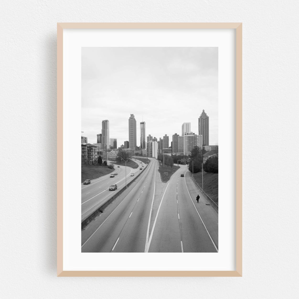 Atlanta Downtown Skyline From The Freeway In Black And White Poster