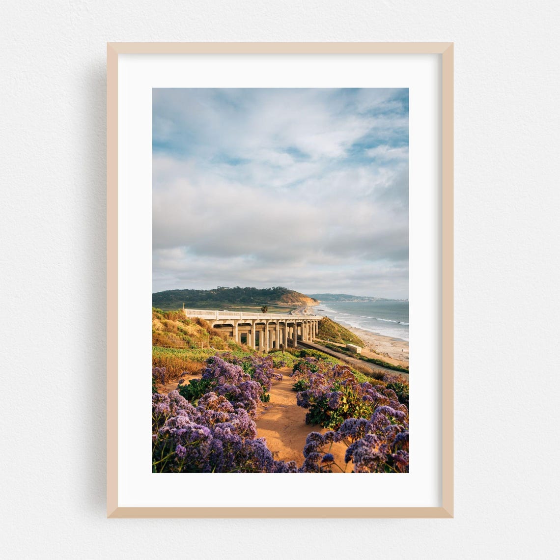 Del Mar Coastal Bridge Purple Wildflower Beach Photography Poster