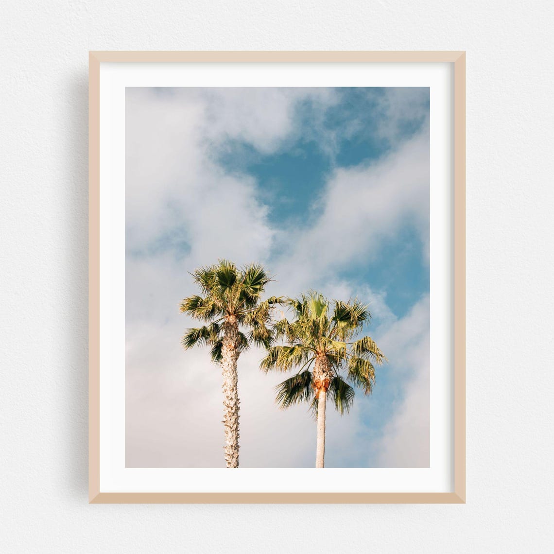 Two Palm Trees Against Cloudy Blue Sky Tropical Photography Art Poster