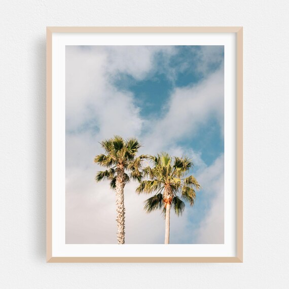 Two Palm Trees Against Cloudy Blue Sky Tropical Photography Art Poster