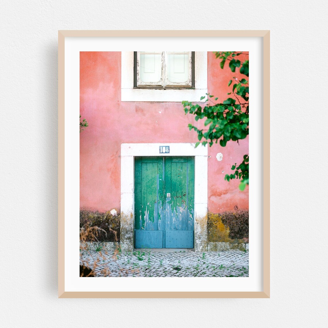 Lisbon Portugal Pastel Pink Wall Green Door Street Photo Art Print
