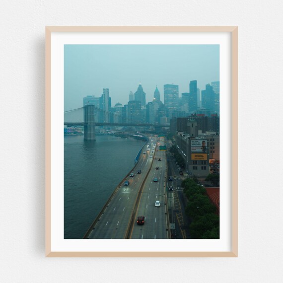 Manhattan Skyline And Brooklyn Bridge In Misty Teal Hues Poster