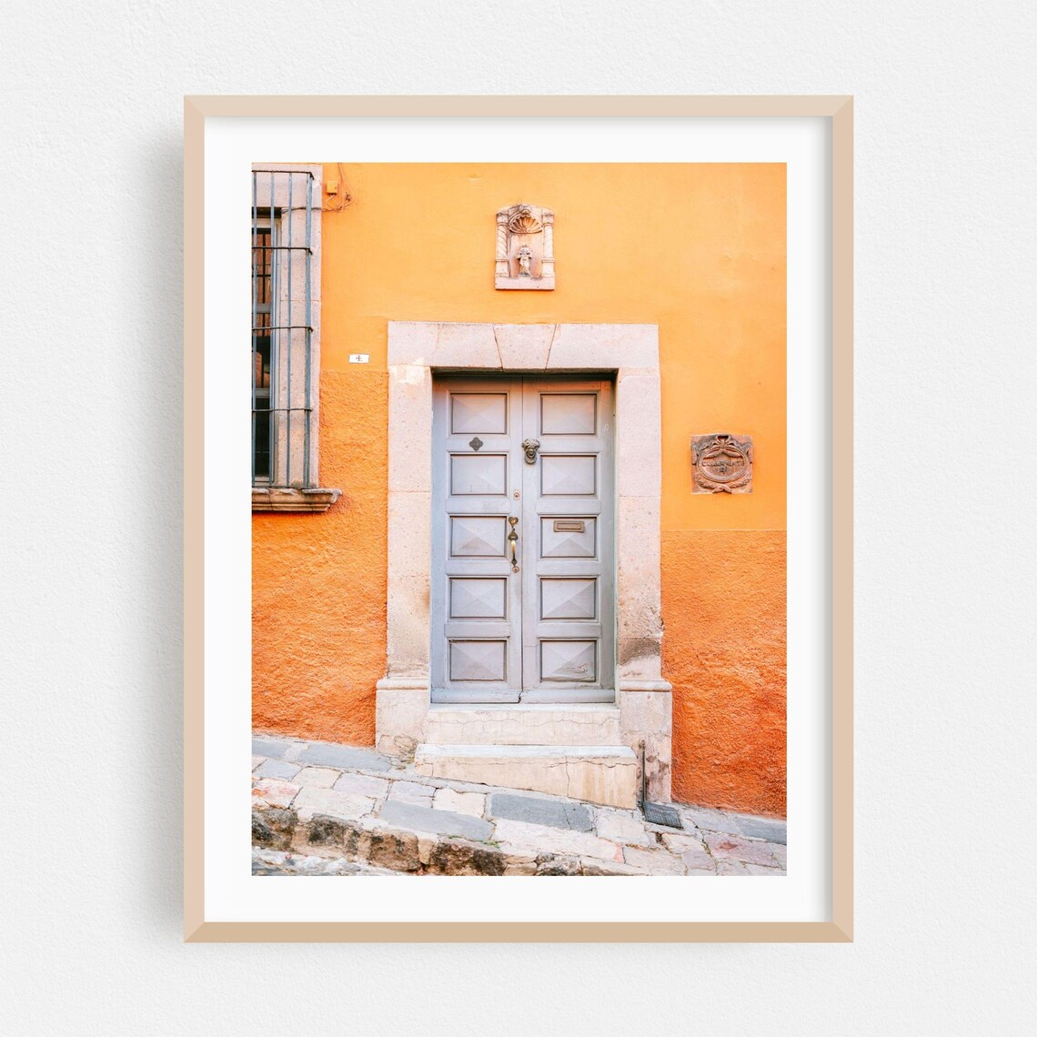 San Miguel de Allende Colonial Orange Wall Blue Door Mexico Travel Poster