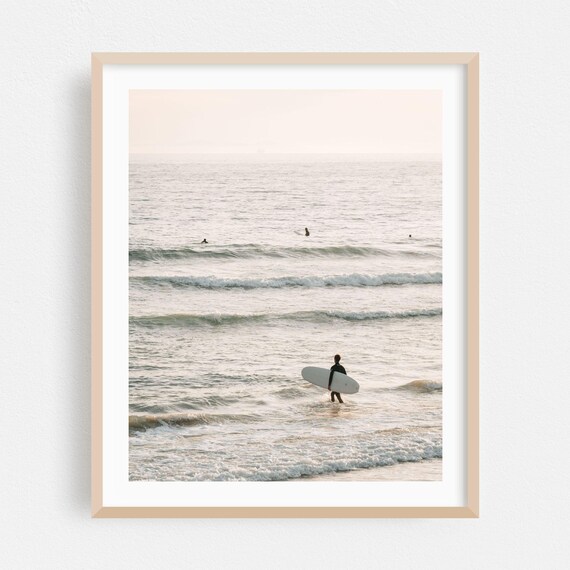 Newport Beach Surfer Wading Ocean Waves At Dawn Photo Poster