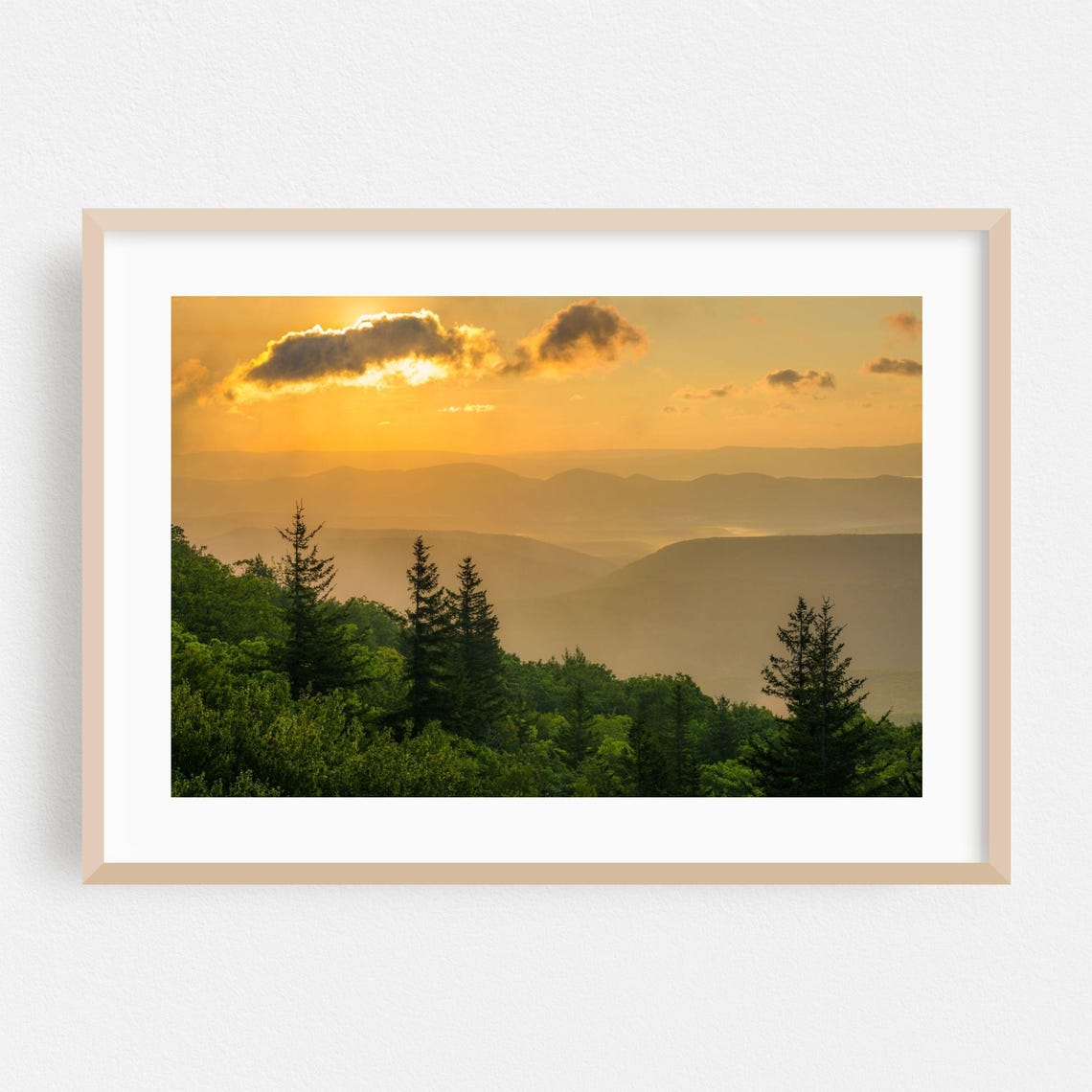 Golden Sunset Over Misty Mountain Ridges And Pine Forest Poster