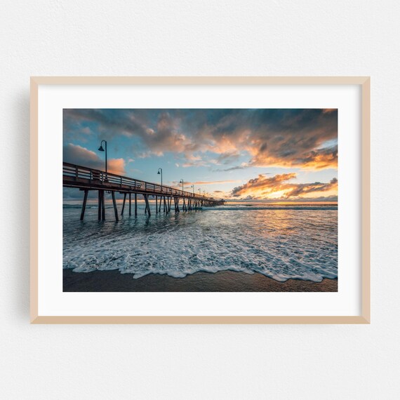 Coastal Ocean Pier at Sunset Foamy Waves Golden Sky Photo Poster