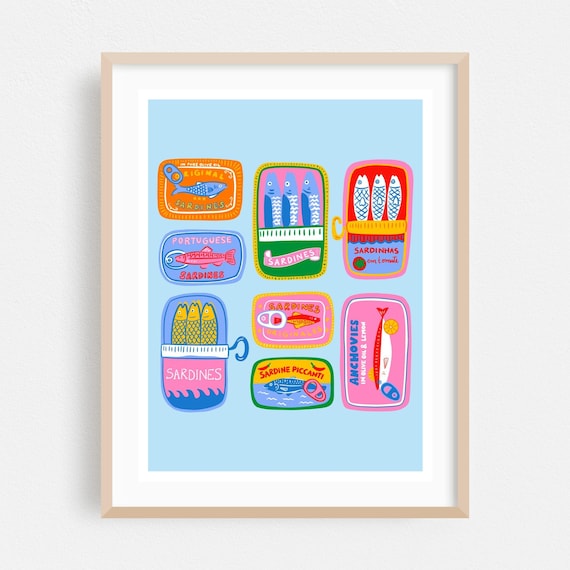Colorful Vintage Sardine Tins Retro Coastal Kitchen Art Poster