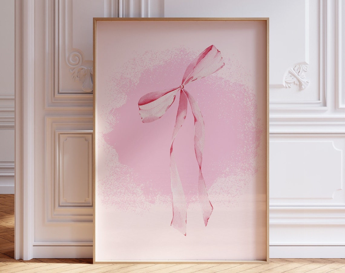 Pink Watercolor Ribbon Bow Soft Coquette Aesthetic Nursery Poster