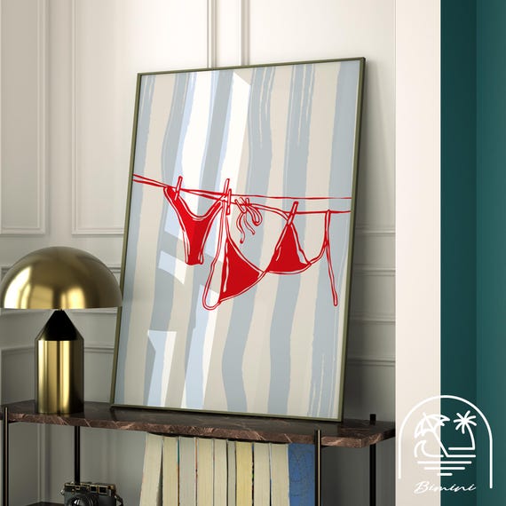 Red Bikini Beachy Watercolor Coastal Cowgirl Art Print