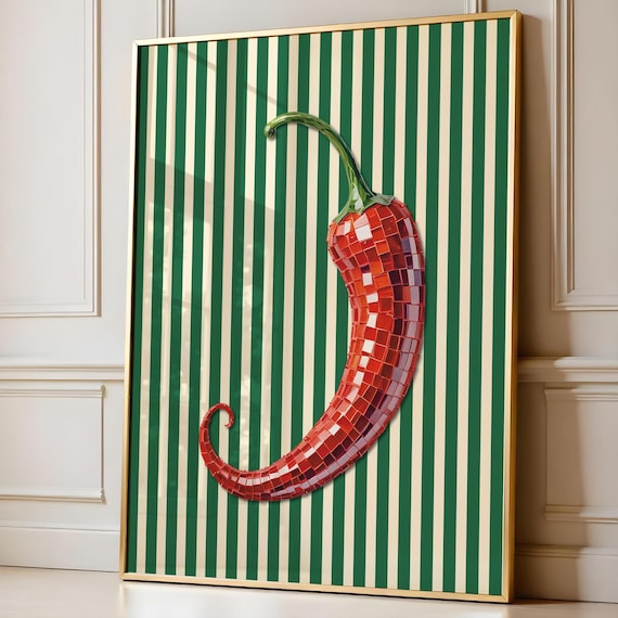 Red Chili Pepper Disco Ball Green Striped Funky Kitchen Art Poster