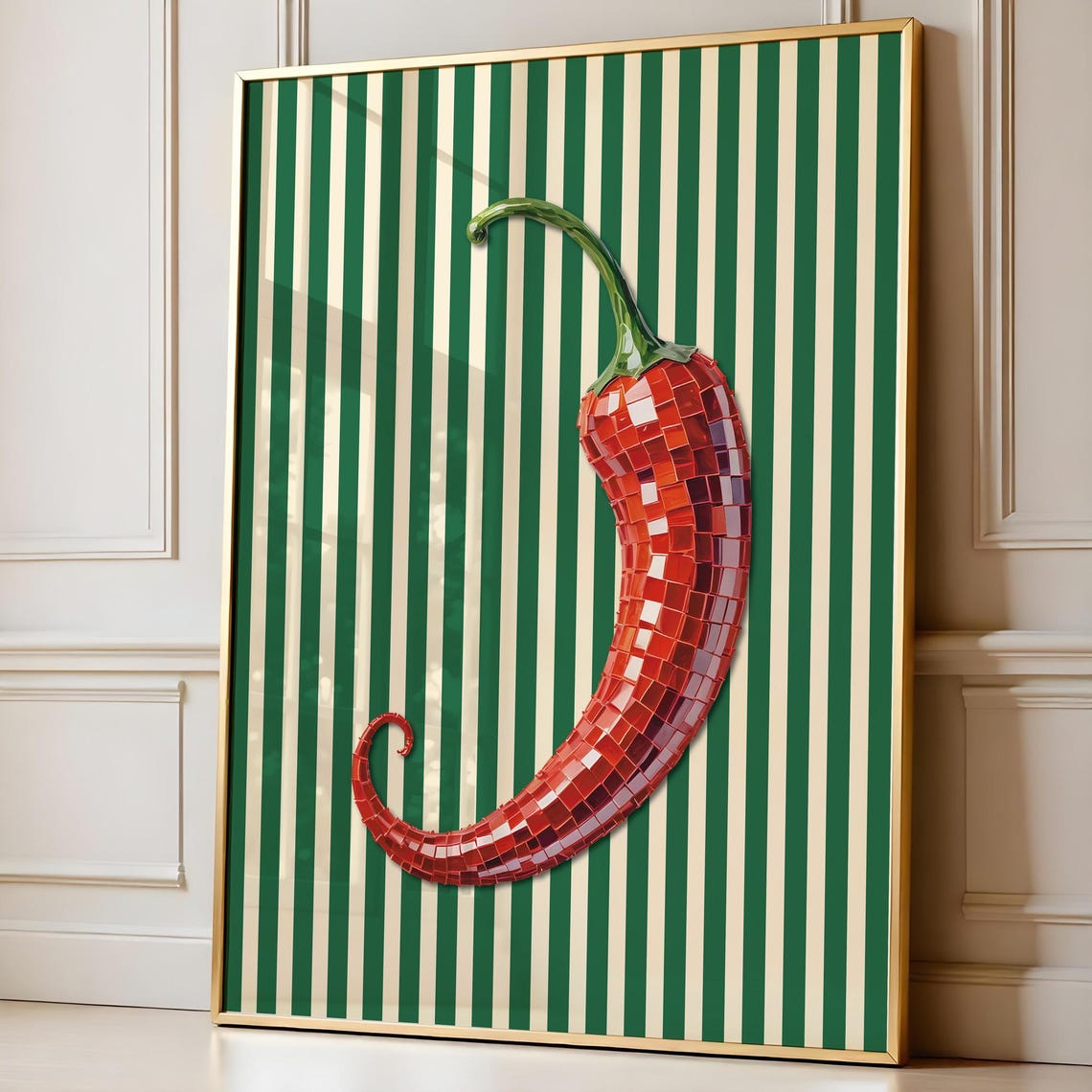 Red Chili Pepper Disco Ball Green Striped Funky Kitchen Art Poster