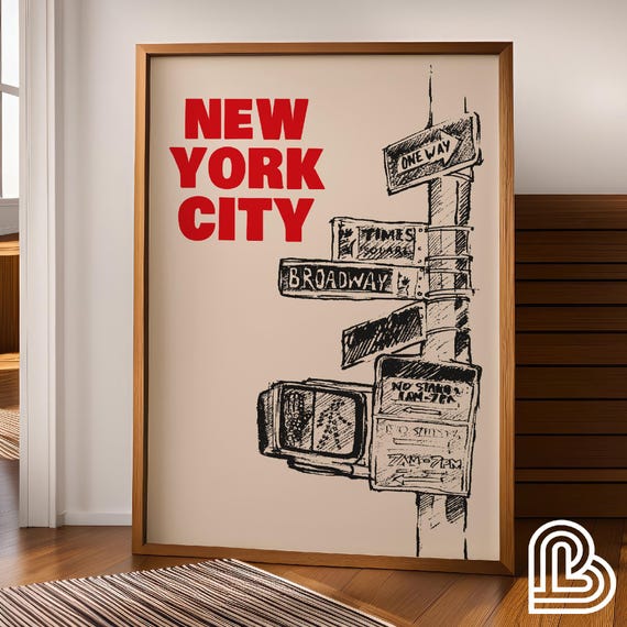 New York City Travel Poster, Hand-Drawn Ink Bleed Skyline