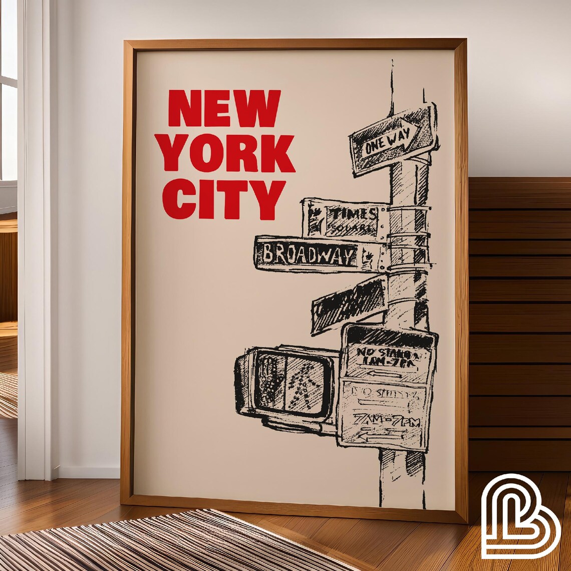 New York City Travel Poster, Hand-Drawn Ink Bleed Skyline